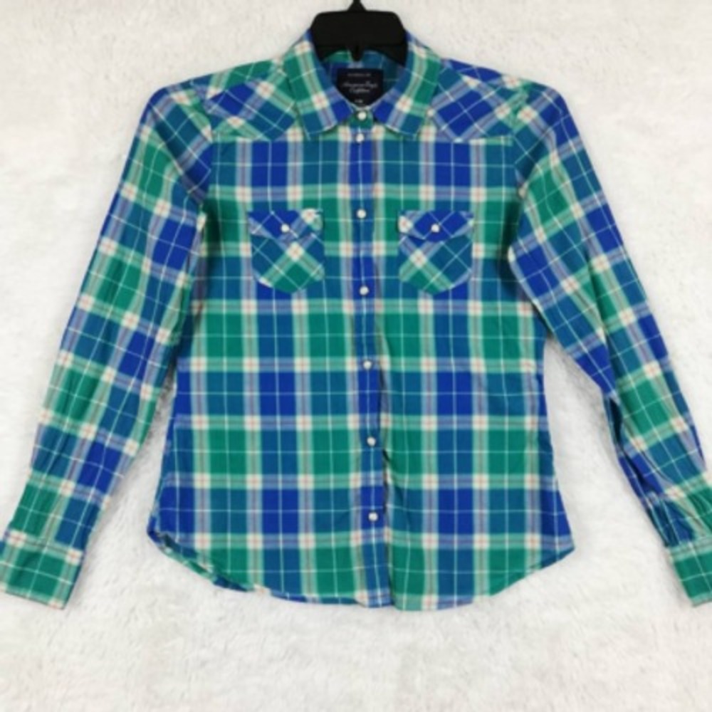 American Eagle Outfitters Shirt M Womens Western Favorite Fit Blue Pearl Snap